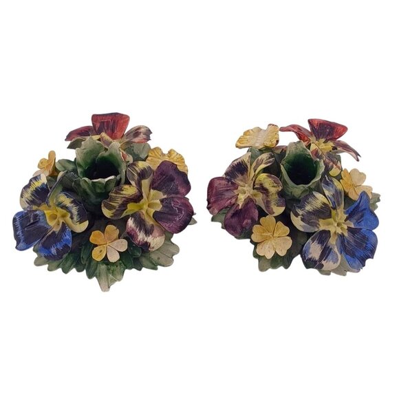Vintage 1950s Capodimonte Candle Holders With African Violets & Butterflies Flor - Picture 3 of 13